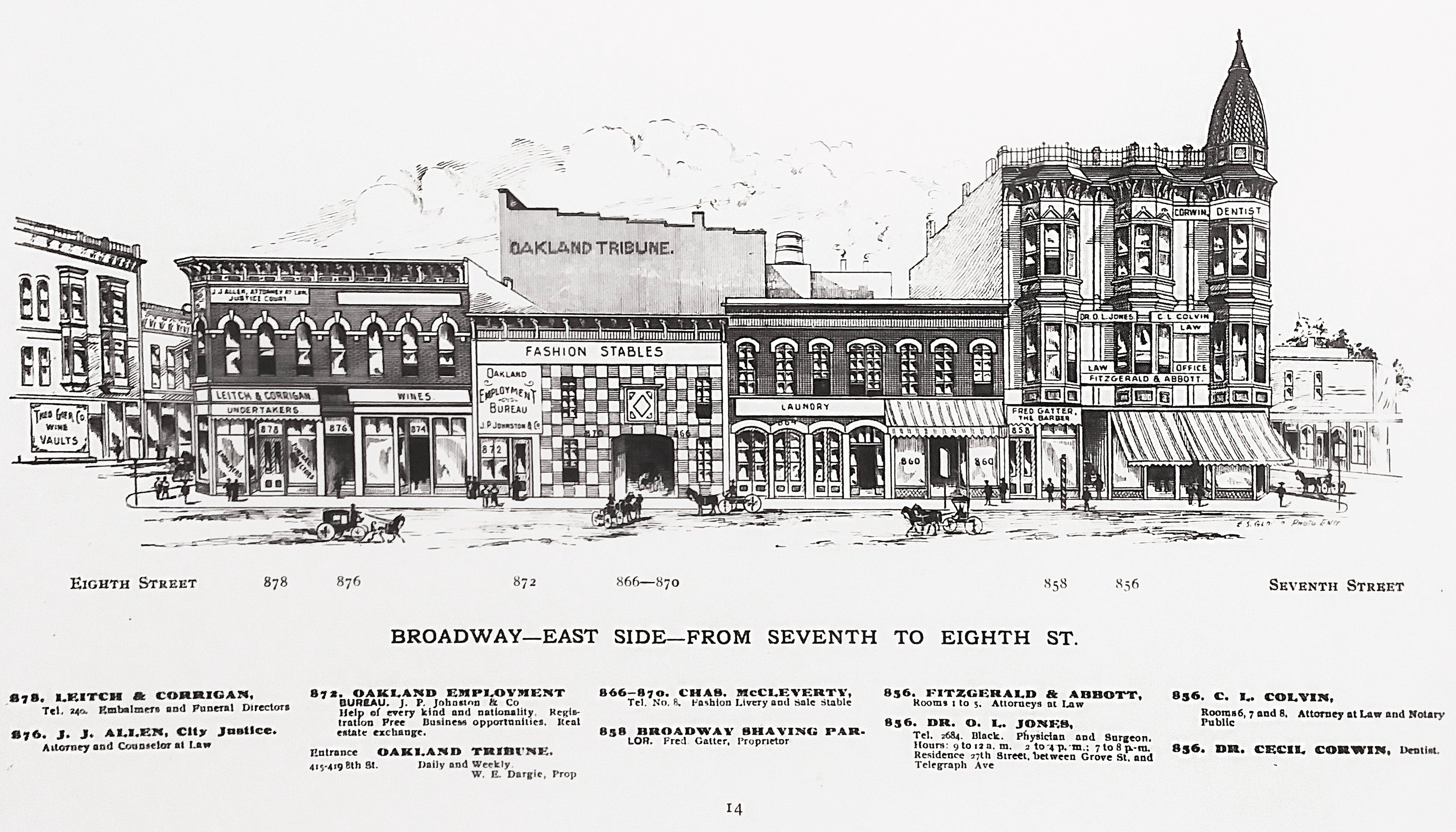 Drawing of 1896 Fitzgerald Abbott Office in Oakland, CA at the corner of Seventh Street and Broadway.
